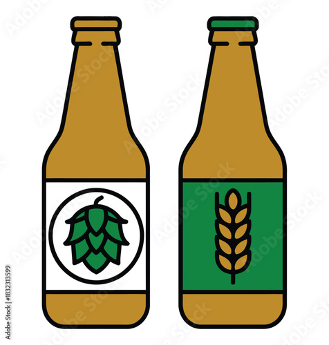 Two bottles of beer are depicted with distinct labels, one featuring a hop cone and the other a stalk of wheat.