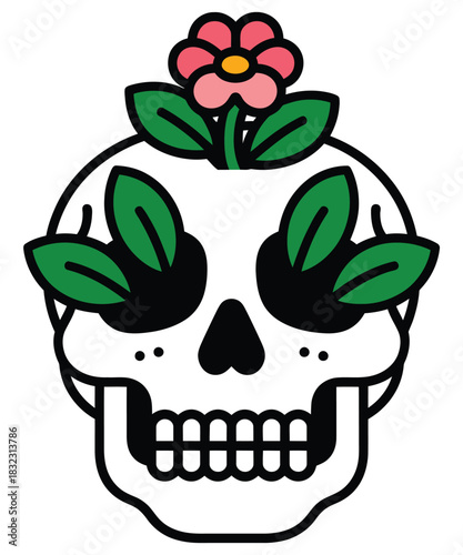 A stylized sugar skull adorned with green leaves and a pink flower.