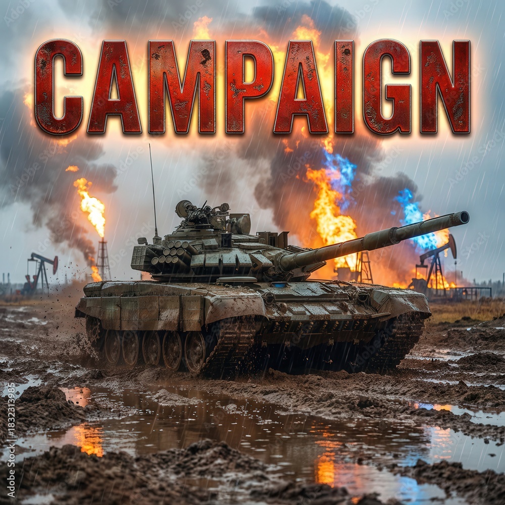 Fototapeta premium Military Campaign Featuring Armored Tank in War Zone