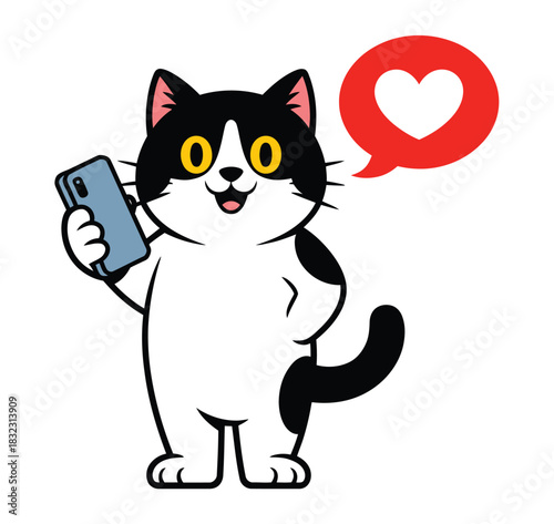 A happy cartoon cat holds a smartphone with a heart symbol in a speech bubble above its head.