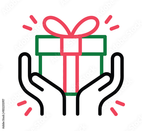 Hands offer a brightly wrapped gift with radiating festive lines, symbolizing generosity and celebration.