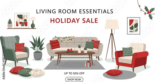 Holiday sale on living room essentials with up to 35% off isolated on white background