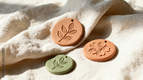 Three decorative clay pieces with leaf and flower designs on fabric  