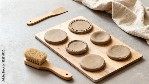 Wooden board with raw clay pieces and sculpting tools on gray surface  