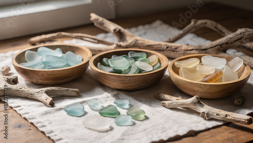 Colorful sea glass pieces displayed in wooden bowls on a table  