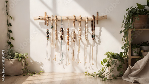 Natural gemstone pieces displayed on wooden rack in bright room  