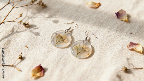 Floral earrings with dried flowers on soft fabric background  