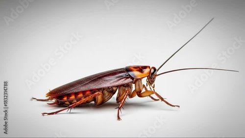 Brown cockroach on white background. Pest control concept. Insect for home infestation and hygiene problems.