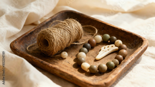 Handmade jewelry materials including beads and twine on wooden tray  