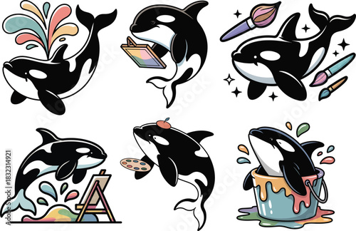 Orca whale painting style with colorful splashes and ocean waves