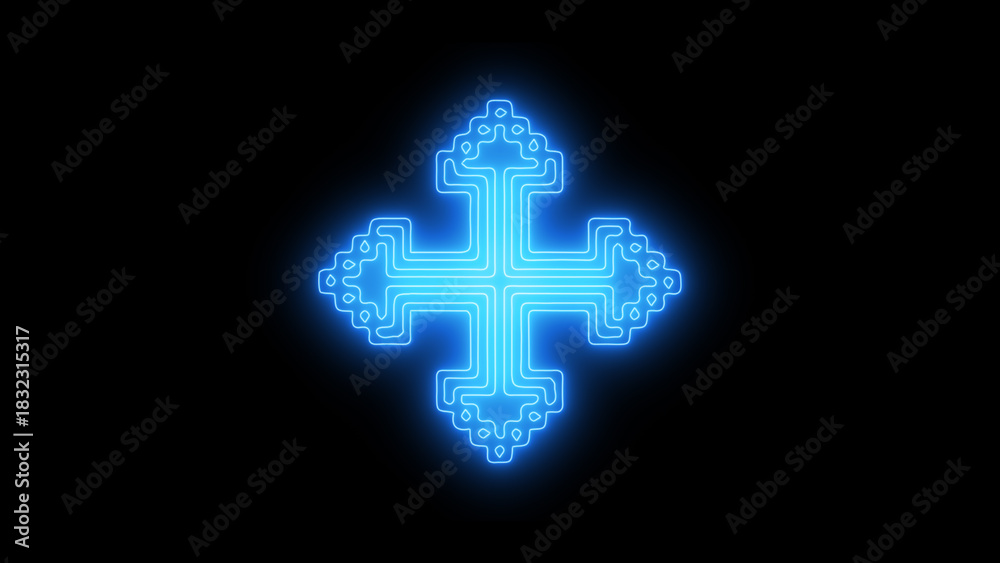 Fototapeta premium Blue glowing decorative neon cross illustration on a dark black background, featuring intricate ornate lines and a spiritual light, perfect for religious symbolism and futuristic concepts