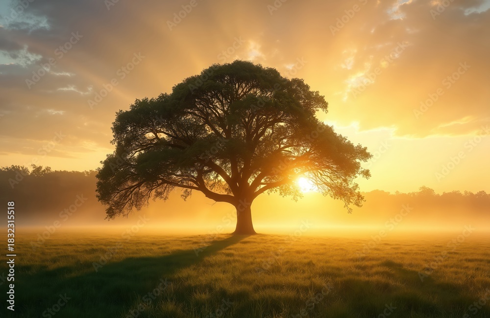 Naklejka premium Large tree stands alone in green field at sunrise. Sun shines behind tree creating warm glow. Sky is orange with clouds and grass is lit by sunlight. Foggy mist covers ground.