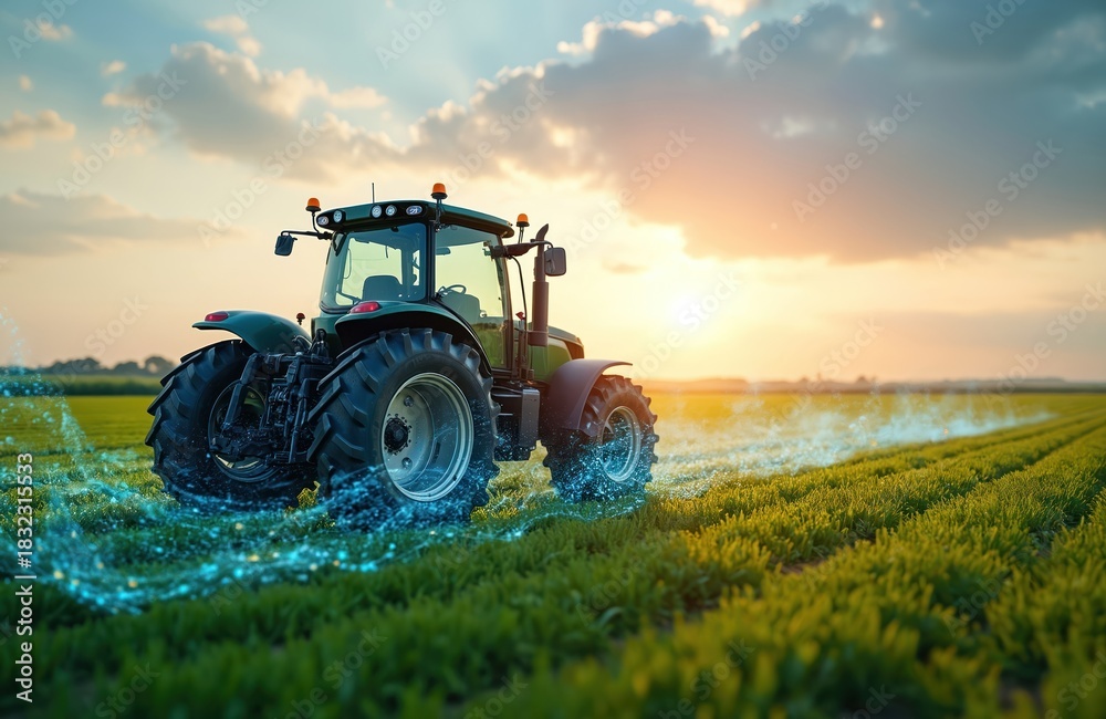 Fototapeta premium Modern tractor drives across field. Agricultural machine harvests crops. Tech and innovation in eco farming. Future farming with autonomous smart vehicles at work.