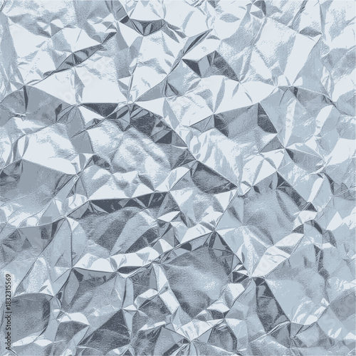 Metallic silver foil texture, shiny chrome background with reflective surface. Wrinkled aluminum glossy material of polished steel plate. Gleaming alloy sheet glowing metal pattern, SVG version.
