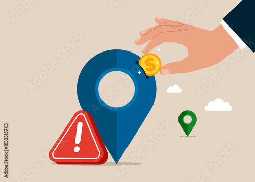 Location pin with exclamation attention sign. Transfer to new location under precautionary measures. Investor company owner pay behind move office to new address. Flat vector illustration