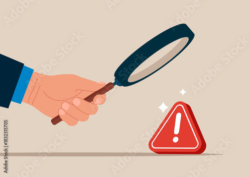 Hand with magnifying glass and investigate incident with exclamation attention sign. Incident management, root cause analysis or solving problem, identify risk or critical failure.