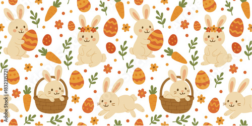 Easter seamless pattern with cute bunnies, basket, carrot, and easter decorated eggs. 