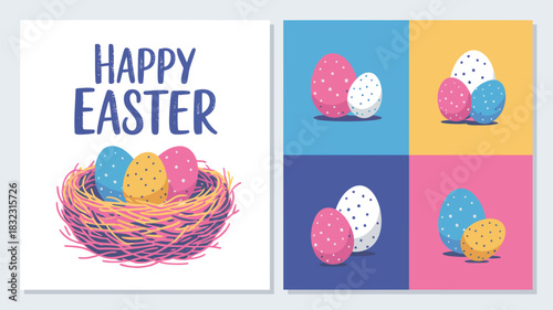 Happy easter greeting card with colorful decorated eggs in a nest and multiple egg designs on a grid background