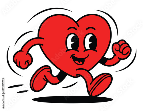 A cartoon heart with arms and legs is running energetically, depicted in a retro style.