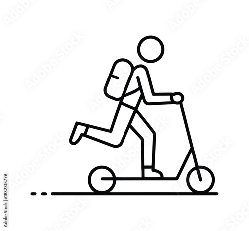 A stylized figure with a backpack rides a scooter, indicating transportation and delivery.