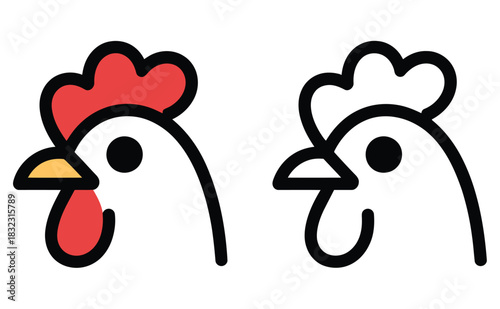 Two minimalist chicken heads with different comb styles are shown side by side.