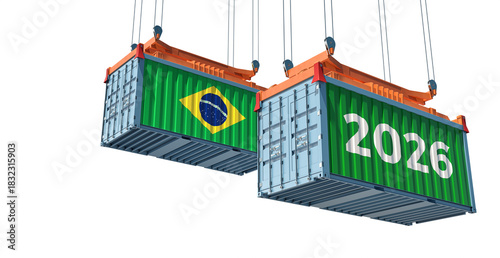Trading 2026. Freight container with Brazil national flag. 3D Rendering 