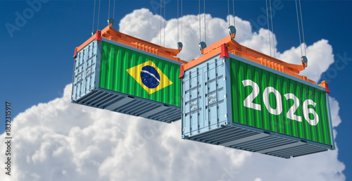 Trading 2026. Freight container with Brazil national flag. 3D Rendering 