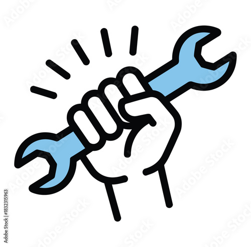 A hand firmly grips a blue wrench, symbolizing repair and industry.