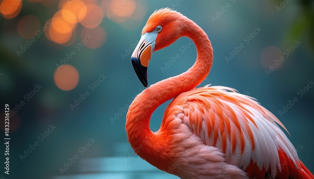 Obraz premium Close up photo of flamingo bird with vibrant pink feathers. Exotic bird portrait with elegant neck. Tropical animal in nature habitat with blurred background.