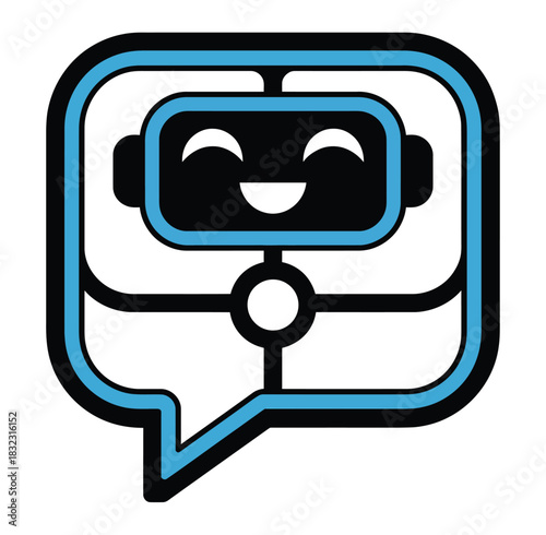 A stylized robot face is depicted within a chat bubble icon, symbolizing communication and technology.