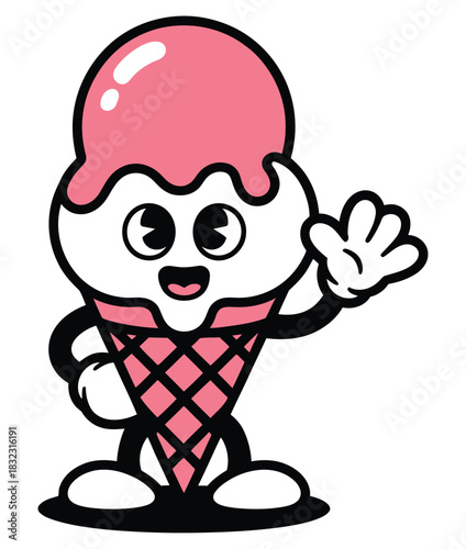 A cheerful strawberry ice cream cone character waving happily.