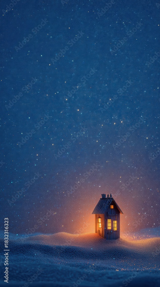Naklejka premium glowing lantern beside snowdrift under starry midnight sky