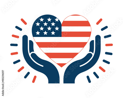 Hands cradle a heart adorned with the American flag, symbolizing patriotism and care.