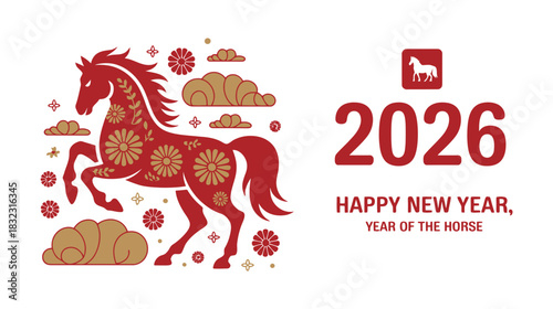 Chinese New Year greeting for 2026, the Year of the Horse, featuring a traditional red horse illustration.