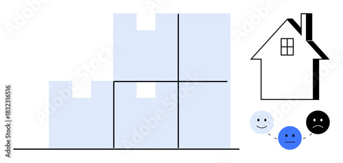 Stacked modular blocks, simple house outline, and three faces showing emotions. Ideal for problem-solving, home organization, emotions, strategy, construction, decision-making and teamwork in