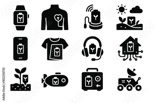 Vector battery icons exploration smart textiles sensors agricultural emergency icon bio power