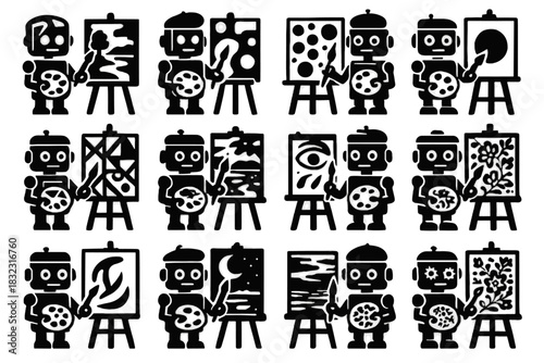 Impressionism painting floral monochrome icon robot diverse art patterns vector geometric surrealism