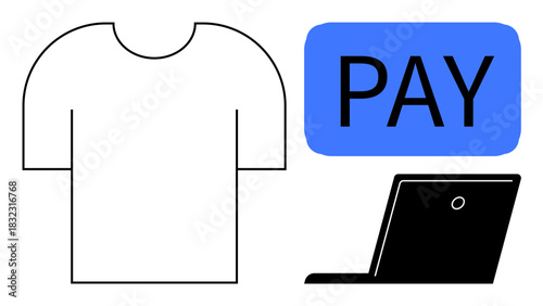 White T-shirt next to a blue PAY box and a black laptop. Ideal for e-commerce, shopping, retail, online payment, clothing, technology, digital transactions. Simple flat metaphor