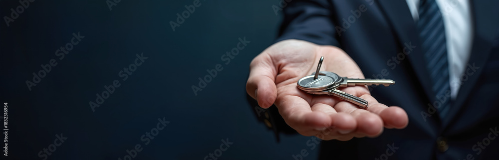 Fototapeta premium Businessman in suit offers house keys on open palm. Real estate agent hands over property after successful deal. Broker gives new apartment car ownership to buyer. Concept of rent, sale, unlocking