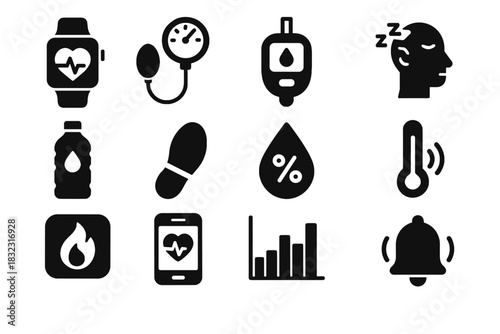 Pulse health monitoring smartwatch icons body temperature bell oxygen icon vector chart