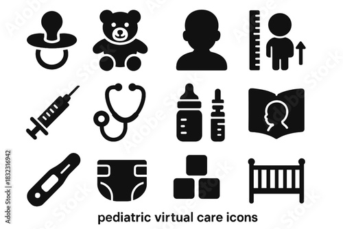 Stethoscope blocks pediatric virtual crib vector growth icon syringe baby toy care