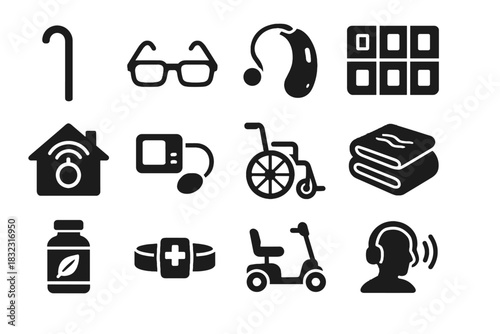 Elderly mobility safety home reading icon care icons vector scooter pill hearing