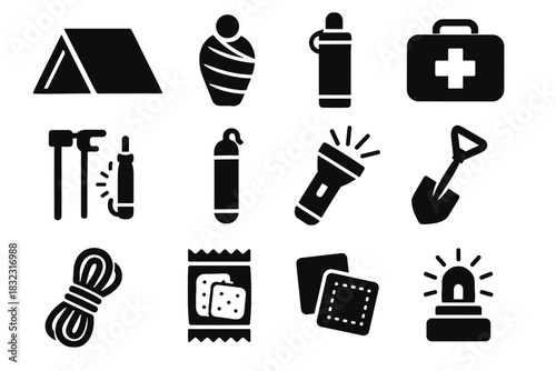 Family folding blanket repair tent survival rope vector food starter bundle icon