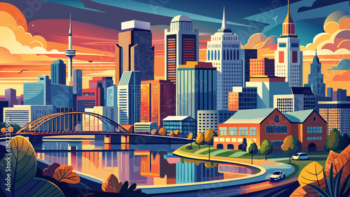 Very beautiful aerial skyline of Nashville along the Cumberland River, capturing modern towers, waterfront reflections, warm evening light, and a vibrant urban atmosphere.