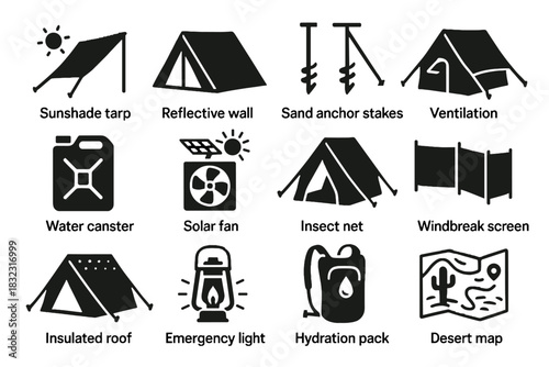 Tarp desert roof icons survival sunshade ventilation vector stakes icon light net