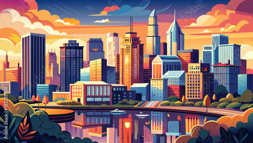 Very beautiful aerial skyline of Nashville along the Cumberland River, capturing modern towers, waterfront reflections, warm evening light, and a vibrant urban atmosphere.