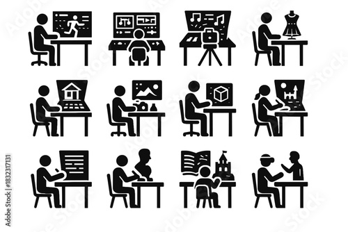 Storytelling integration painting music desk sculpture icons vector architecture hologram icon