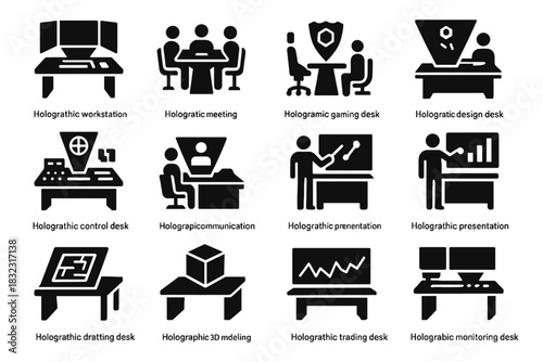 Gaming hologram desk monitoring holographic vector modeling drafting presentation icon design