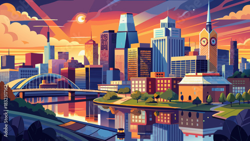 Very beautiful aerial skyline of Nashville along the Cumberland River, capturing modern towers, waterfront reflections, warm evening light, and a vibrant urban atmosphere.