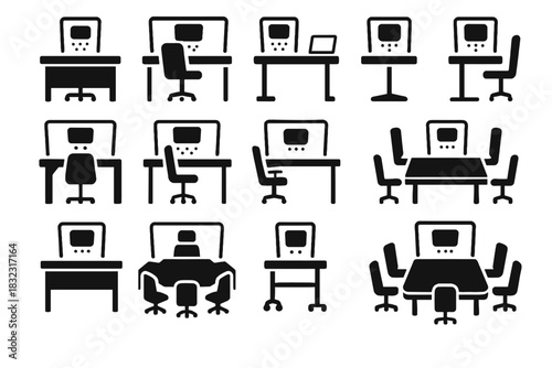 Standing mobile executive compact desk hologram collaborative icon vector icons office